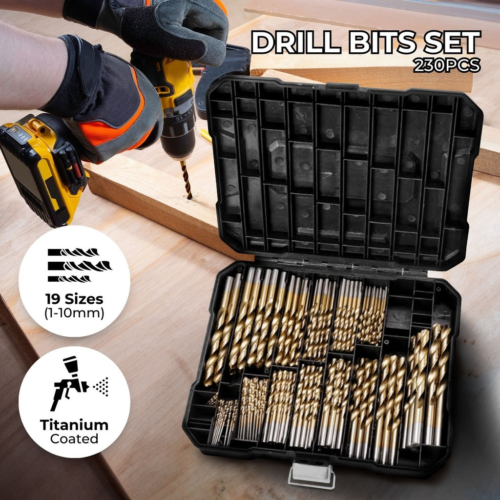 RYNOMATE 230 pcs Drill Bits Set with Black Plastic Case (Gold)