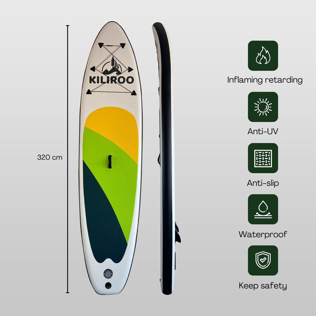 KILIROO Inflatable Stand Up Paddle Board Balanced SUP Portable Ultralight, 10.5 x 2.5 x 0.5 ft, with EVA Anti-Slip Pad Yellow, Green & Black