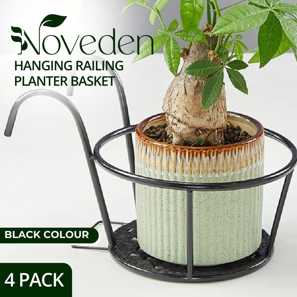 NOVEDEN 4 Pack Hanging Railing Flower Pot Holder (Black)