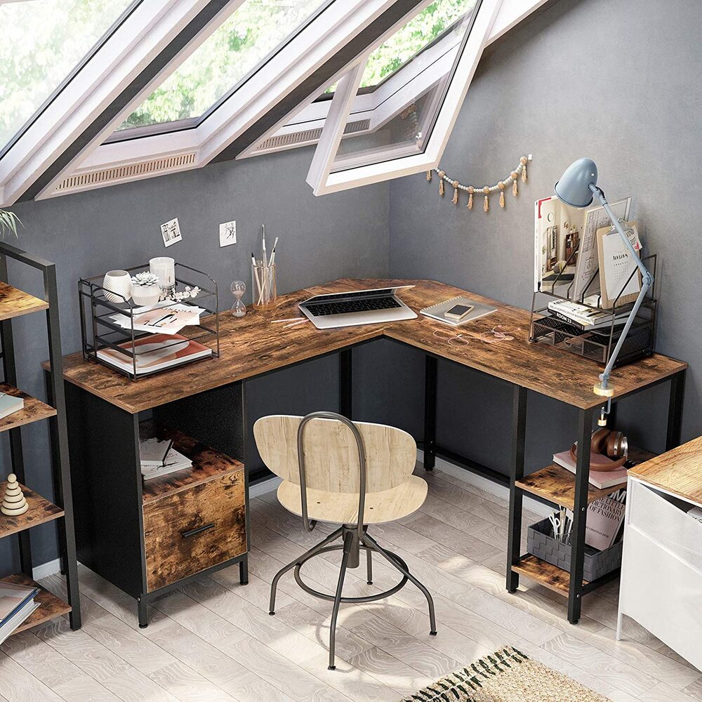 VASAGLE L-Shaped Computer Desk Rustic Brown and Black