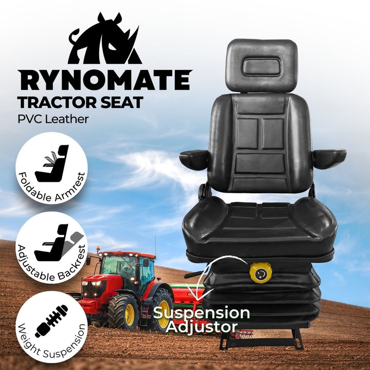 RYNOMATE Adjustable Suspension Seat with Foldable Armrest for Heavy Machinery (Black)