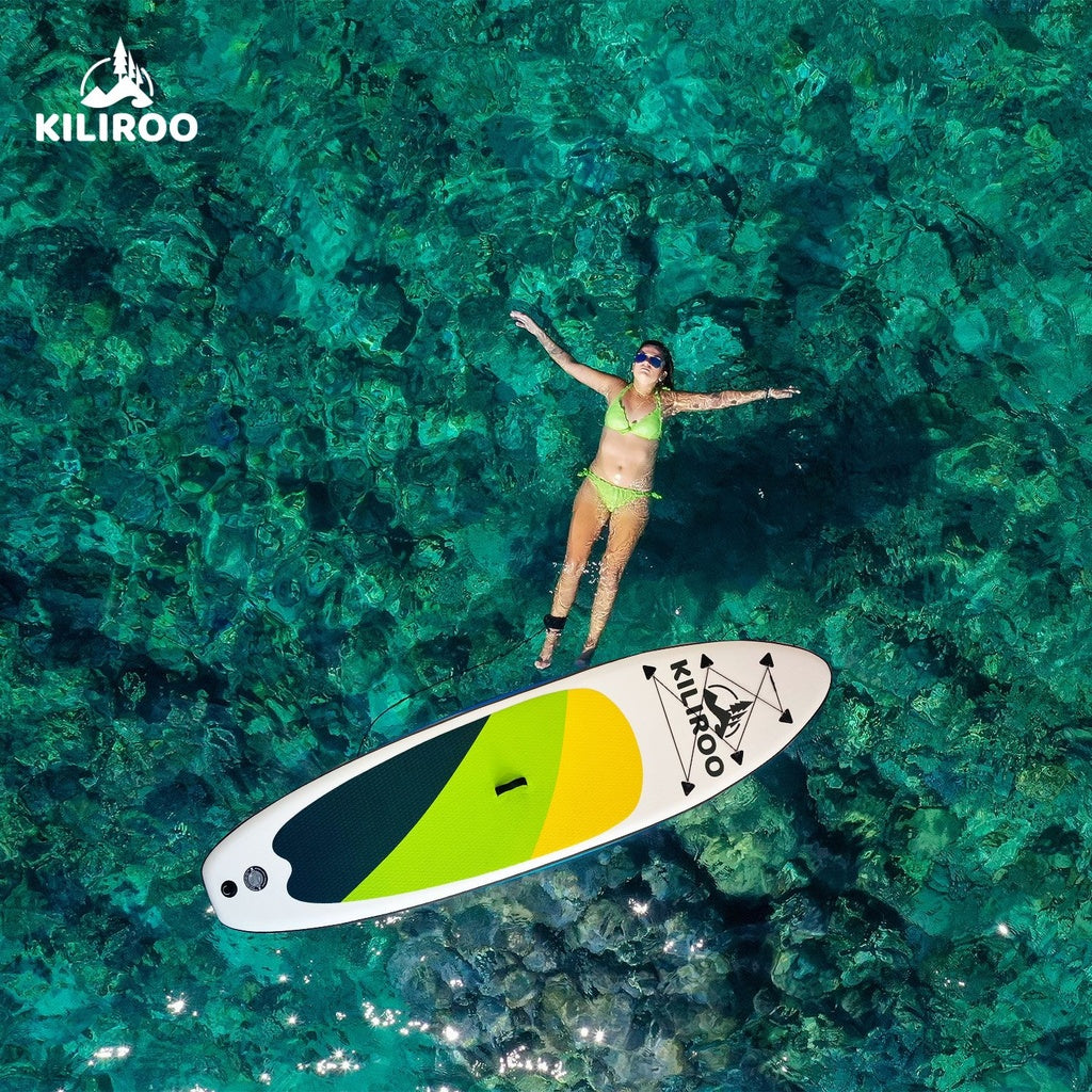 KILIROO Inflatable Stand Up Paddle Board Balanced SUP Portable Ultralight, 10.5 x 2.5 x 0.5 ft, with EVA Anti-Slip Pad Yellow, Green & Black