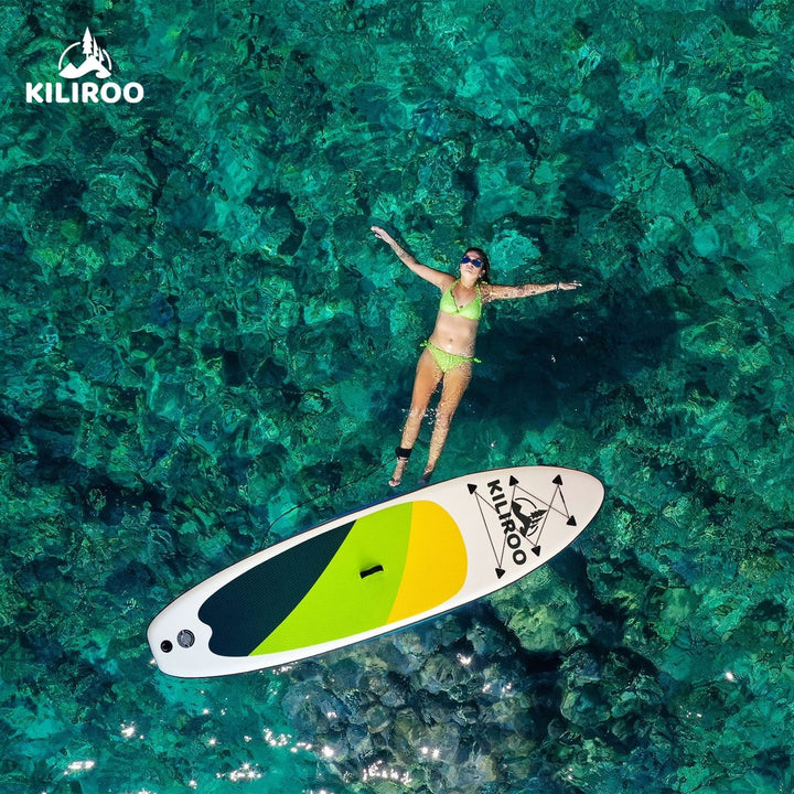 KILIROO Inflatable Stand Up Paddle Board Balanced SUP Portable Ultralight, 10.5 x 2.5 x 0.5 ft, with EVA Anti-Slip Pad Yellow, Green & Black