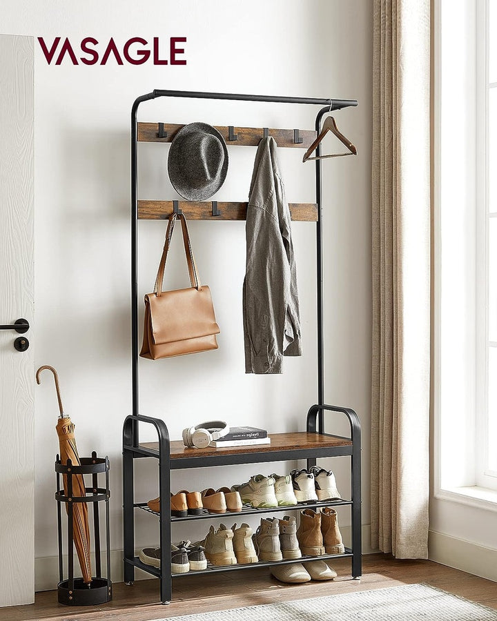 VASAGLE 4-in-1 Coat Rack with Shoe Bench and 9 Removable Hooks Rustic Brown and Black