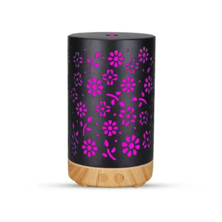 GOMINIMO LED Aromatherapy Essential Oil Diffuser 100ml Metal Cover Floral Design with Light Wood Base