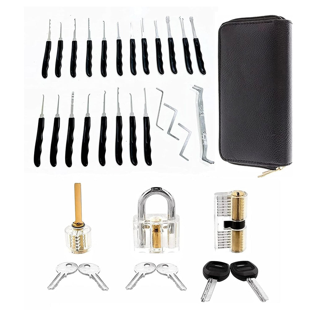 GOMINIMO 34 Pcs Lock Picking Kit with 3 Transparent Practice Training Padlocks 6 Keys and a Carrying Bag (Black)