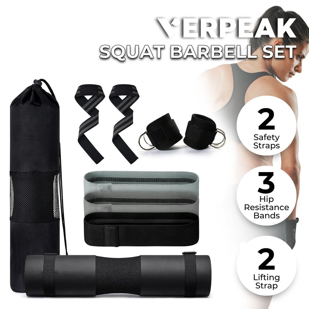 VERPEAK Barbell Squat Pad set,2 Safety Straps, 3 Hip Resistance Bands, 2 Lifting Strap, Barbell Pad and Bag (Black)