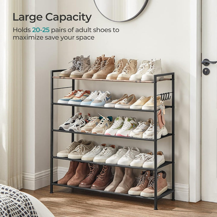 SONGMICS 5 Tier Shoe Rack Storage Organizer for 20-25 Pairs with 4 Hooks Rustic Brown LMR035B01