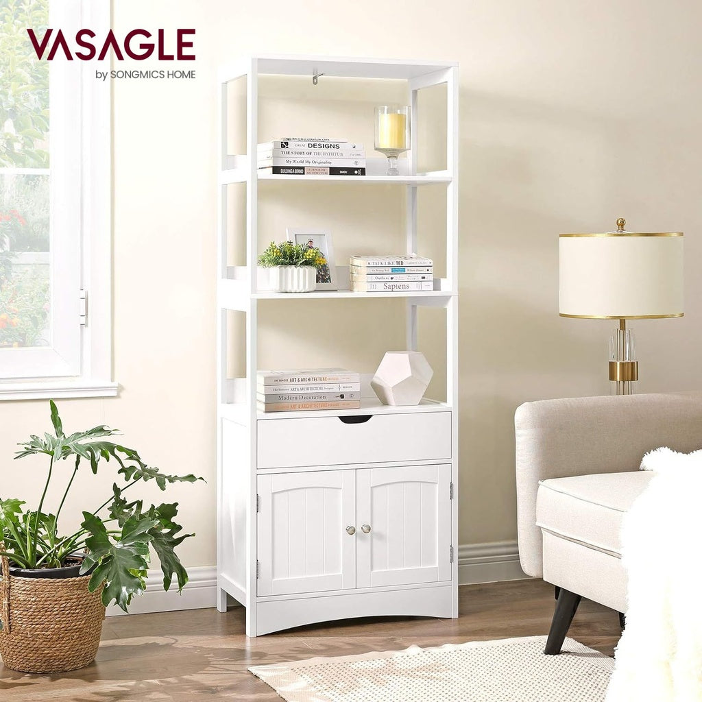 VASAGLE Floor Cabinet with Drawer 3 Open Shelves and Double Doors White