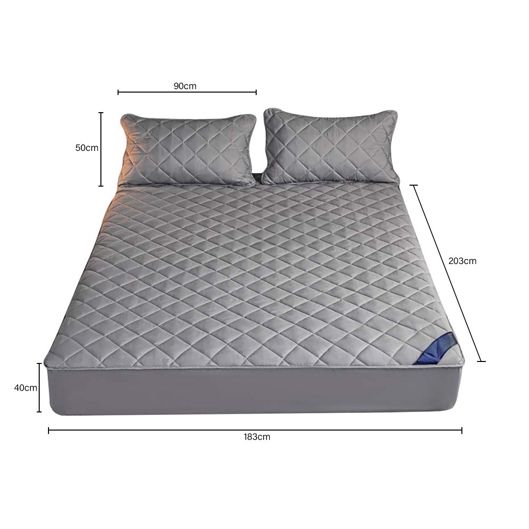 SOGA 2X Grey 183cm Wide Cross-Hatch Mattress Cover Thick Quilted Stretchable Bed Spread Sheet Protector with Pillow Covers