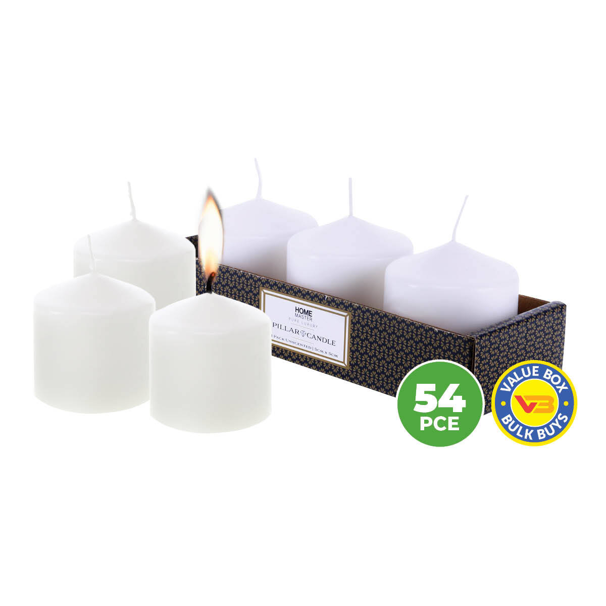 Home Master 54PCE Pillar Candles White Unscented Lead Free Wick 12 Hours 5cm