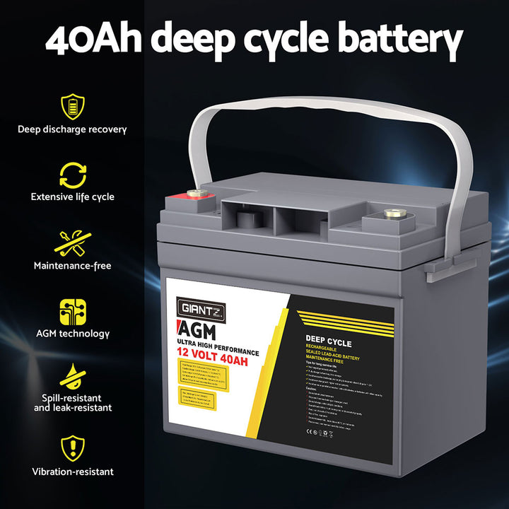 Giantz AGM Battery 12V 40Ah Deep Cycle Box Portable Solar Caravan Camping