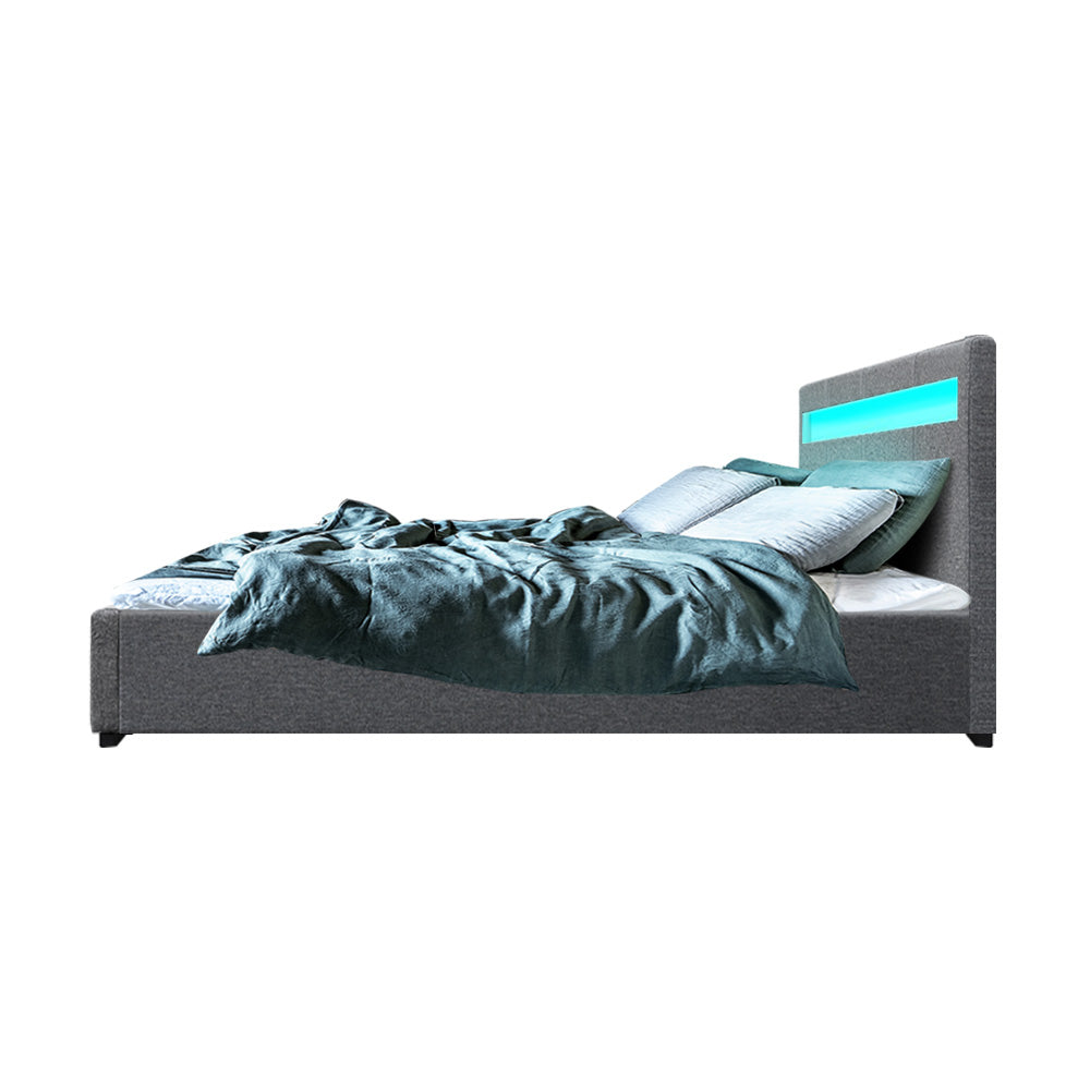 Artiss Bed Frame Double Size LED Gas Lift Grey COLE