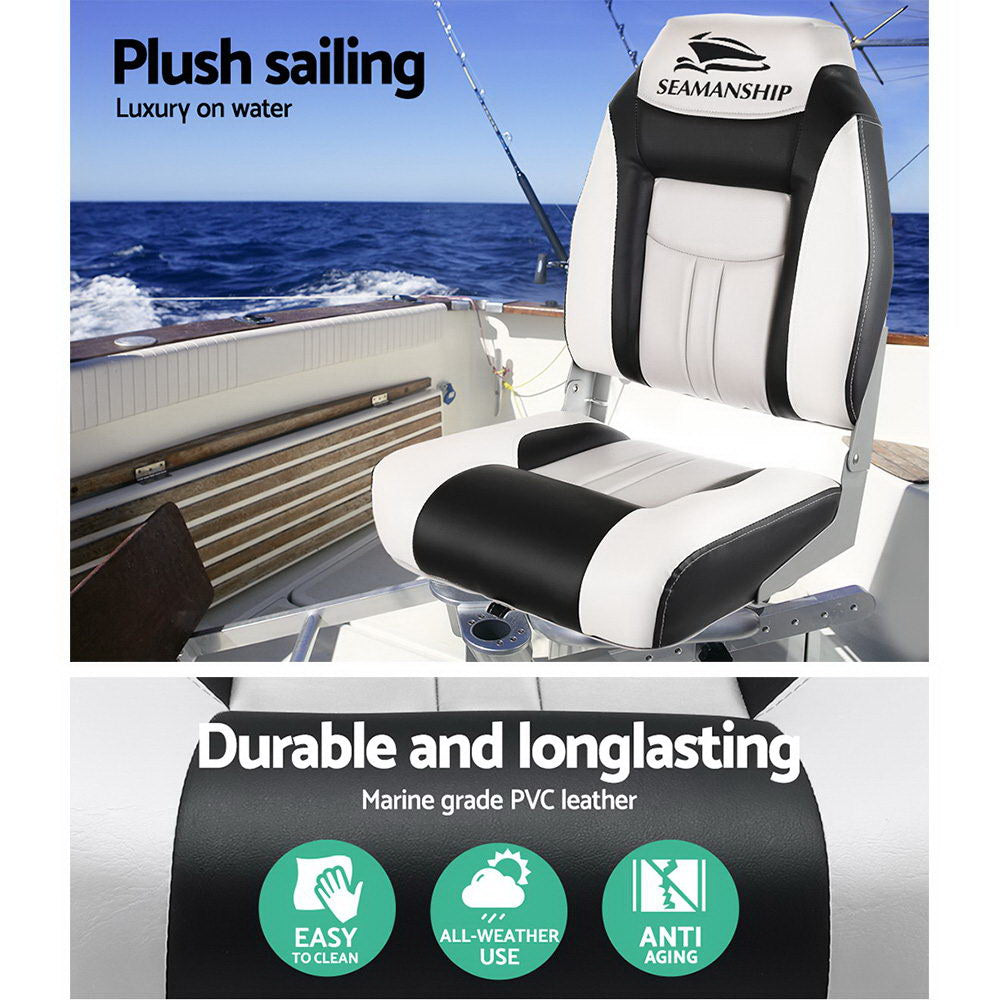 Seamanship 2X Folding Boat Seats Marine Seat Swivel High Back 12cm Padding Grey