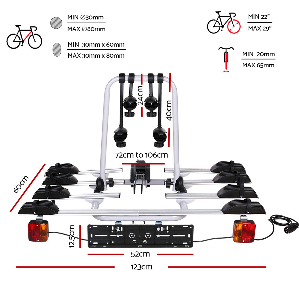 Giantz 4 Bicycle Bike Carrier Rack Car Towbar Hitch Ball Mount Tail light Silver