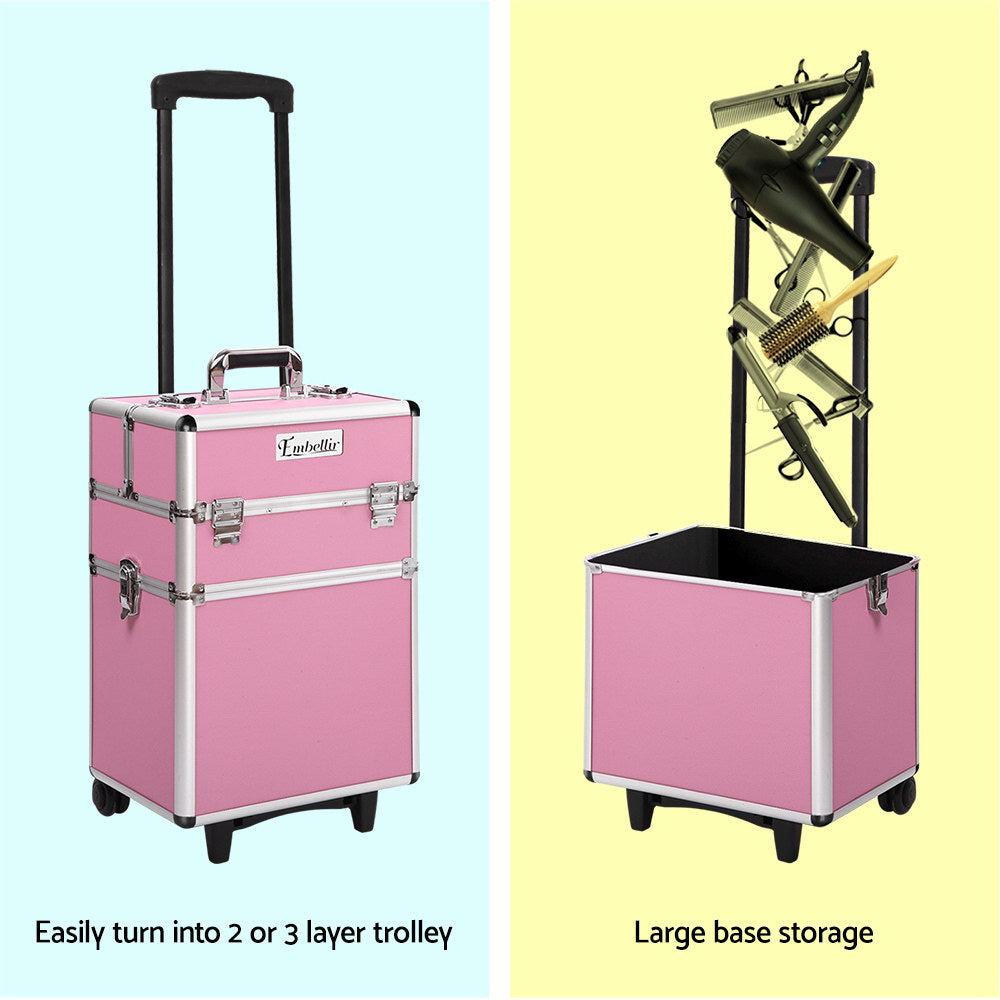 Embellir Makeup Case Beauty Trolley Cosmetic Organiser Box Travel Wheels Pink