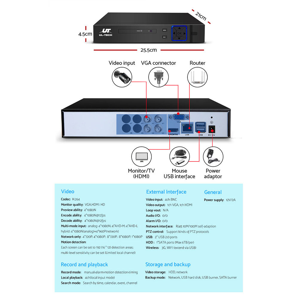 UL-tech CCTV Security System 4CH DVR 4 Cameras 1080p