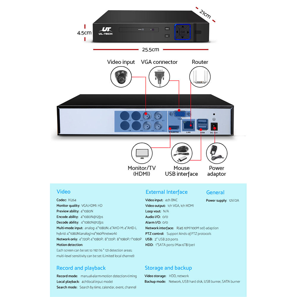 UL-tech CCTV Security System 4CH DVR 4 Cameras 1TB Hard Drive