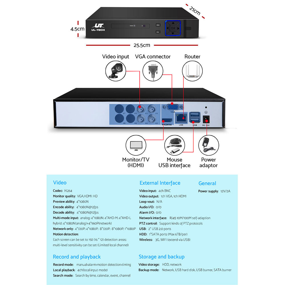 UL-tech CCTV Security System 4CH DVR 4 Cameras 1080p