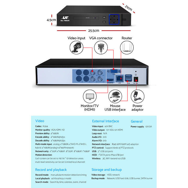 UL-tech CCTV Security System 4CH DVR 4 Cameras 1TB Hard Drive