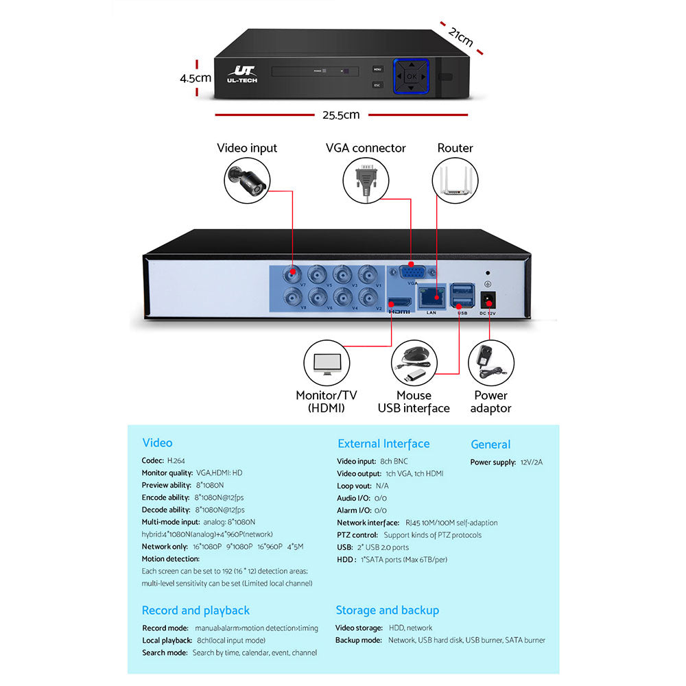 UL-tech CCTV Security System 8CH DVR 8 Cameras 1080p