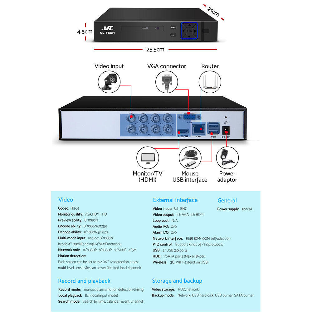 UL-tech CCTV Security System 8CH DVR 8 Cameras 1080p