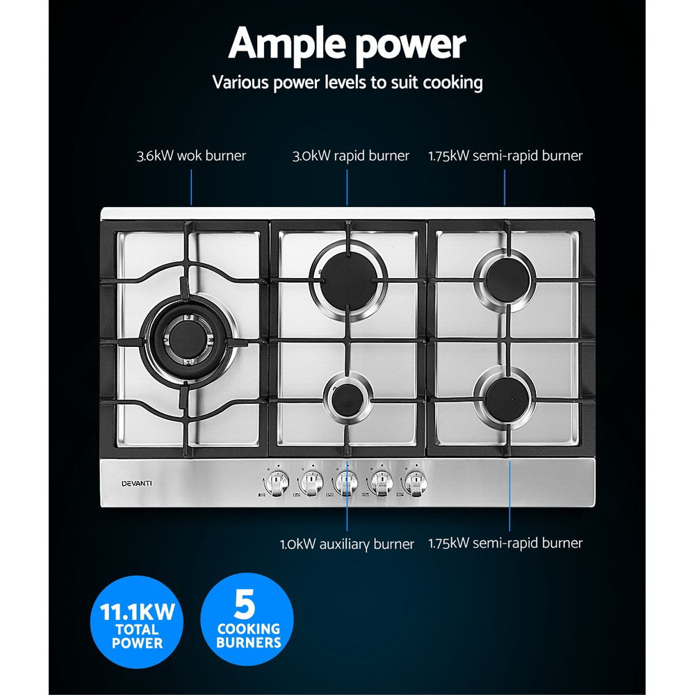 Devanti Gas Cooktop 90cm 5 Burner Silvir