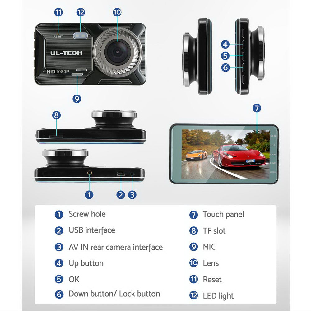 UL-tech Dash Camera 1080P 4" Front Rear Cam,UL-tech Dash Camera 1080P 4" Front Rear View Dual Cam Car DVR Reverse Recorder