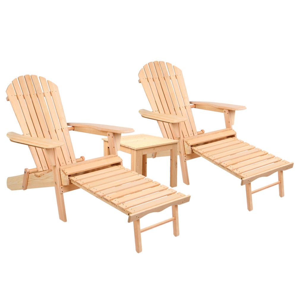 Gardeon 3PC Adirondack Outdoor Table and Chairs? Wooden Sun Lounge Beach Patio Natural