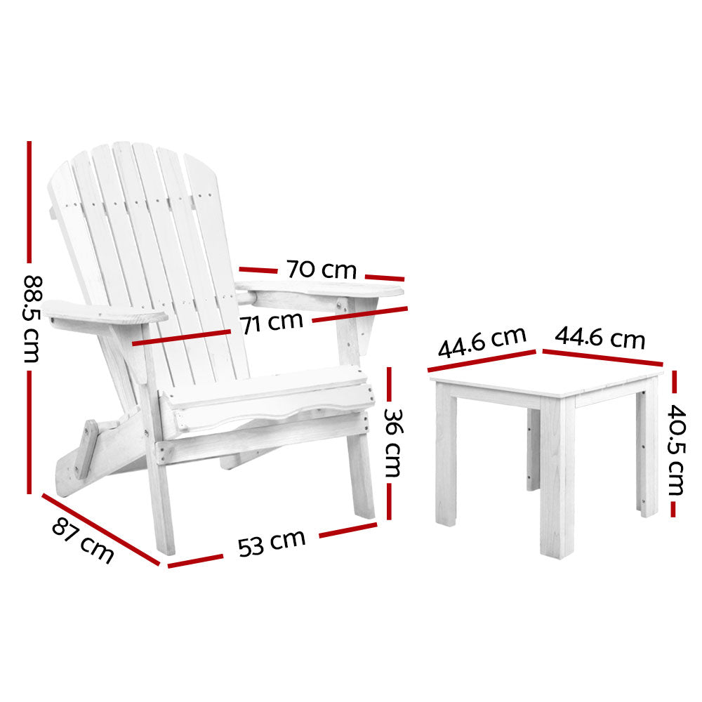 Gardeon 3PC Adirondack Outdoor Table and Chairs Wooden Foldable Beach Chair White