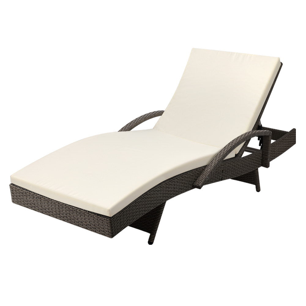 Gardeon Sun Lounge Wicker Lounger Outdoor Furniture Beach Chair Patio Adjustable Cushion Grey&Beige