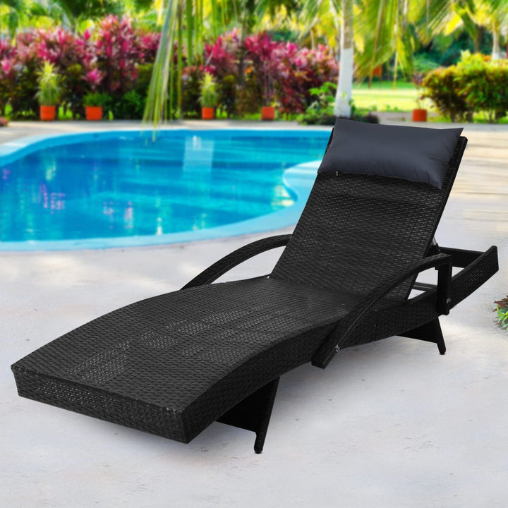 Gardeon Sun Lounge Wicker Lounger Outdoor Furniture Beach Chair Armrest Adjustable Black