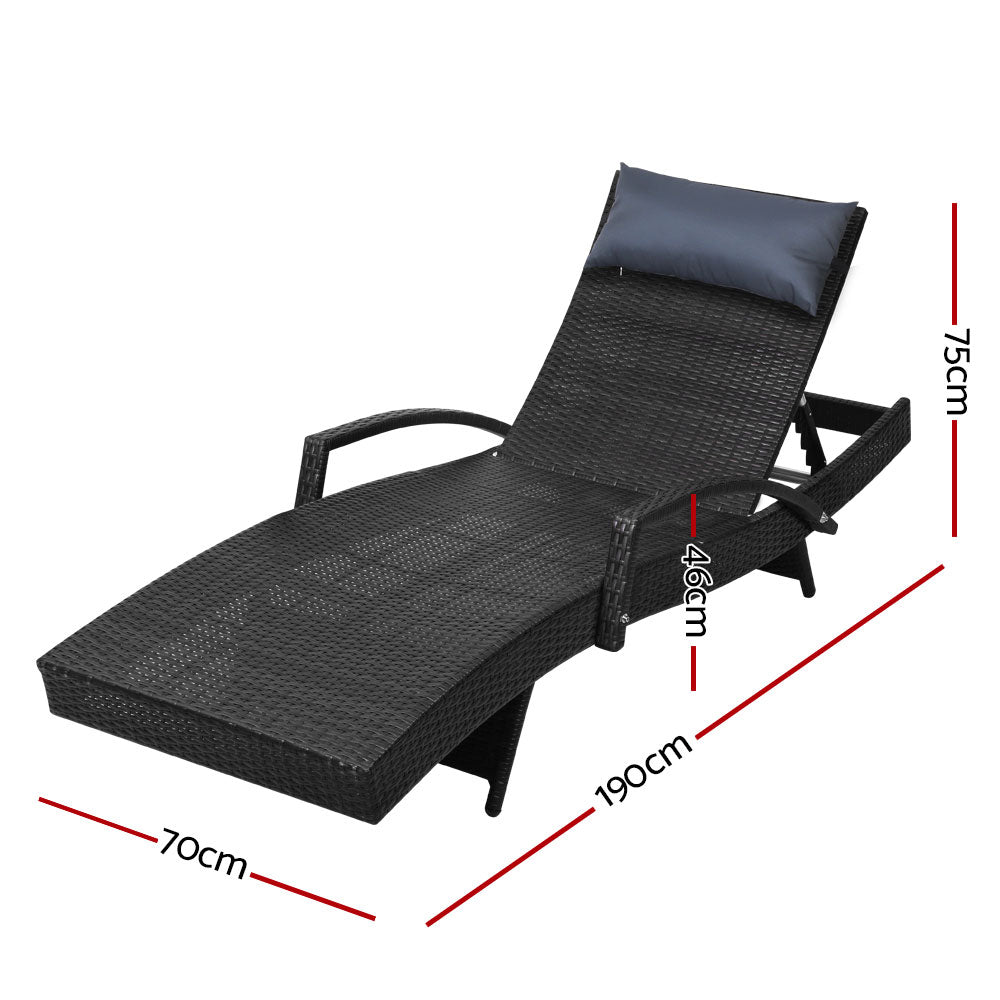 Gardeon 2x Sun Lounge Wicker Lounger Outdoor Furniture Beach Chair Armrest Adjustable Black