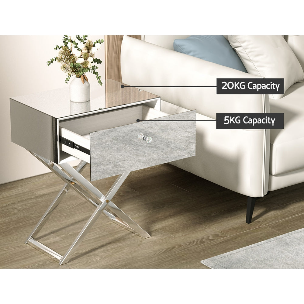 Artiss Mirrored Bedside Table Drawers Side Table Storage Nightstand Silver MOCO