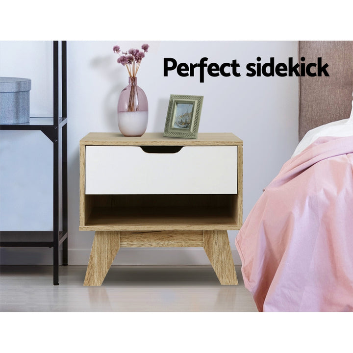 Artiss Bedside Table 1 Drawer with Shelf - IKER White & Oak