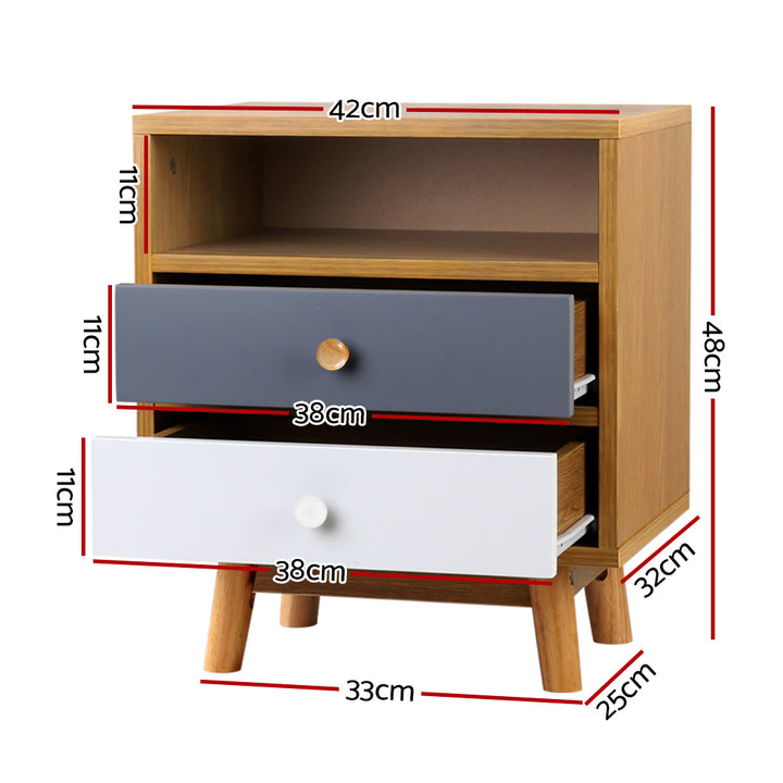 Artiss Bedside Table 2 Drawers with Shelf - BERTHA Oak