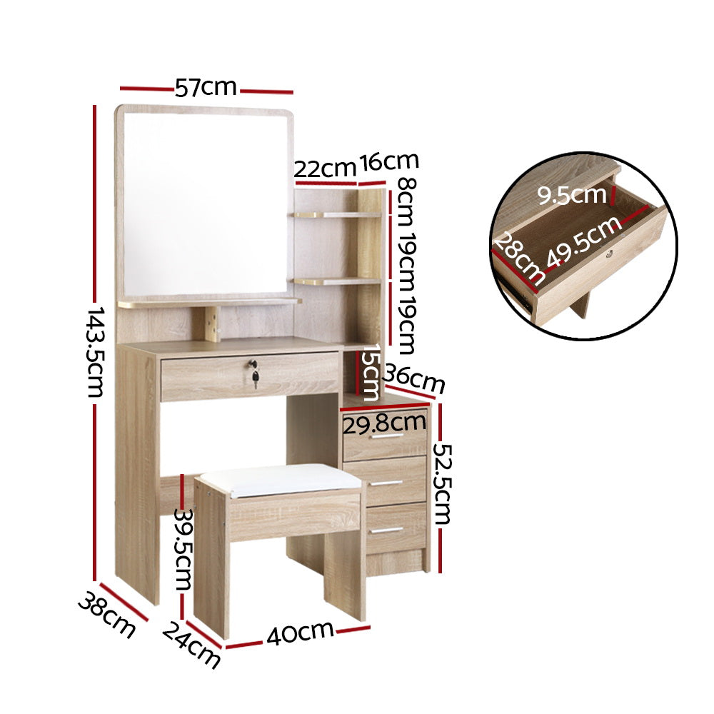 Artiss Dressing Table Stool Set 4 Drawers Oak