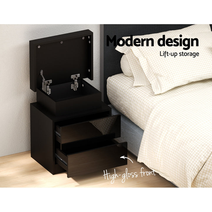 Artiss Bedside Table LED 2 Drawers Lift-up Storage - COLEY Black