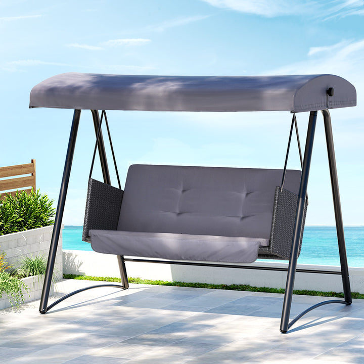 Gardeon Outdoor Swing Chair Garden Bench Furniture Canopy 3 Seater Rattan Grey