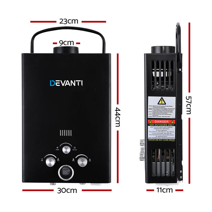 Devanti Portable Gas Water Heater 8L/Min LPG System Black