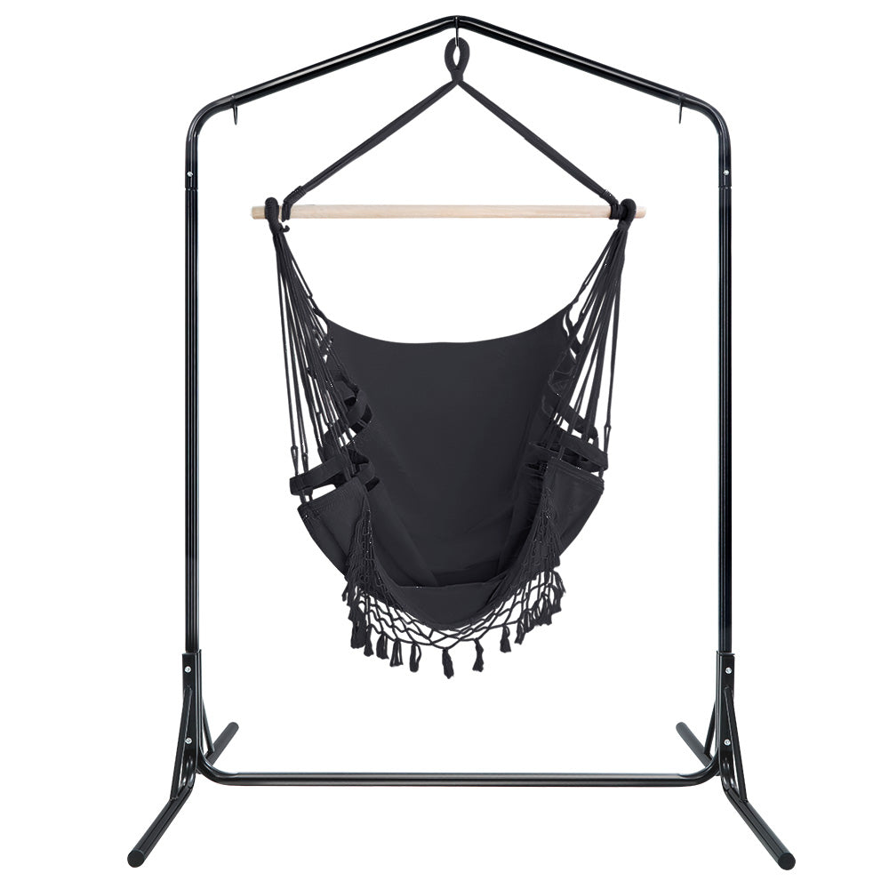 Gardeon Outdoor Hammock Chair with Stand Tassel Hanging Rope Hammocks Grey