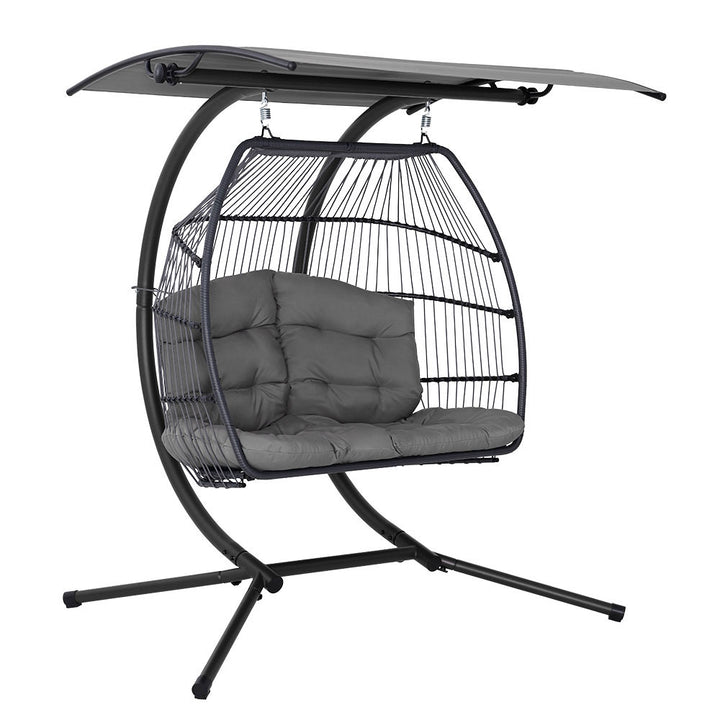 Gardeon Outdoor Egg Swing Chair Wicker Furniture Pod Stand Canopy 2 Seater Grey