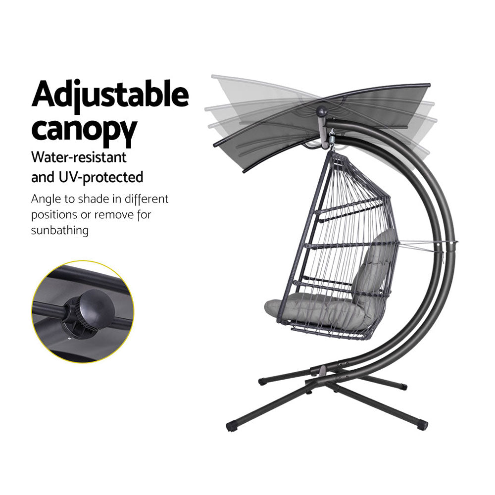 Gardeon Outdoor Egg Swing Chair Wicker Furniture Pod Stand Canopy 2 Seater Grey