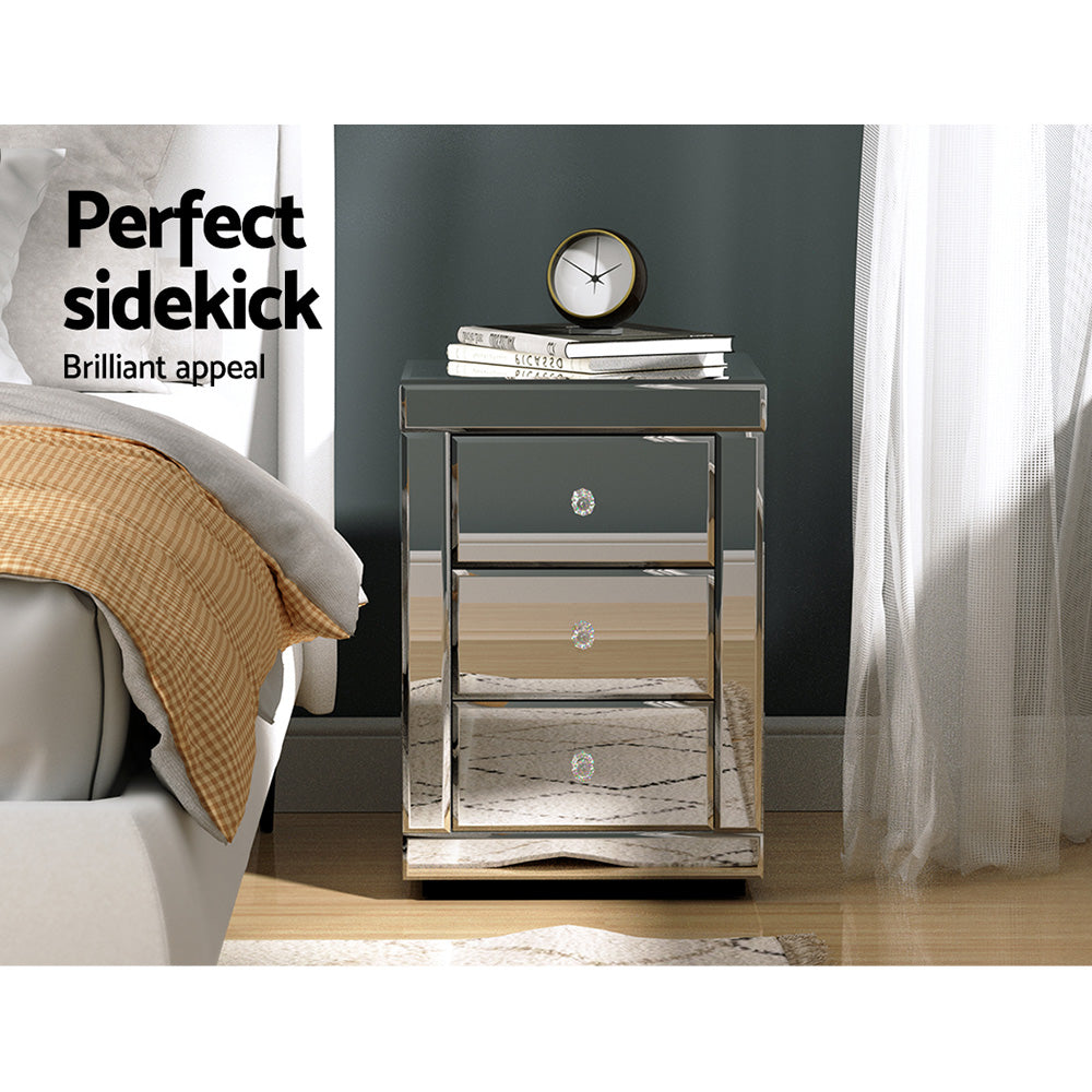 Artiss Bedside Table 3 Drawers Mirrored - PRESIA Silver