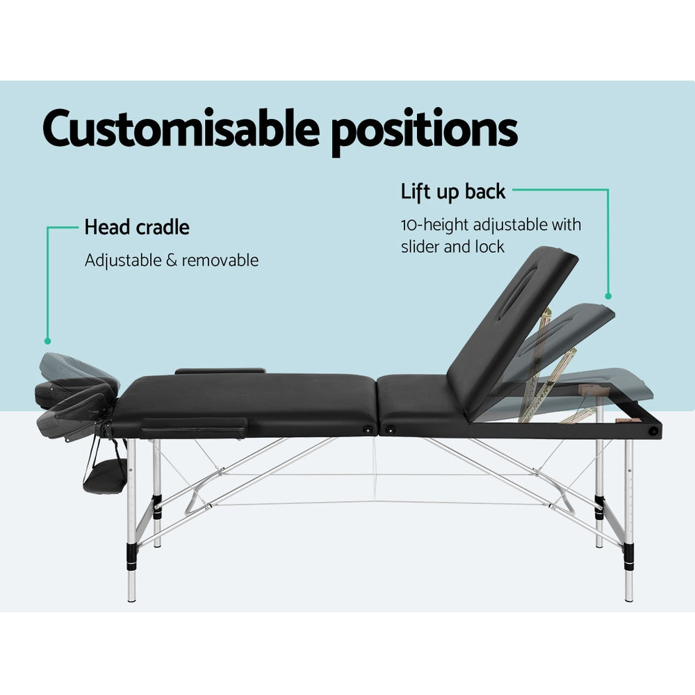 Zenses Massage Table 65cm Portable 3 Fold Aluminium Beauty Bed Black