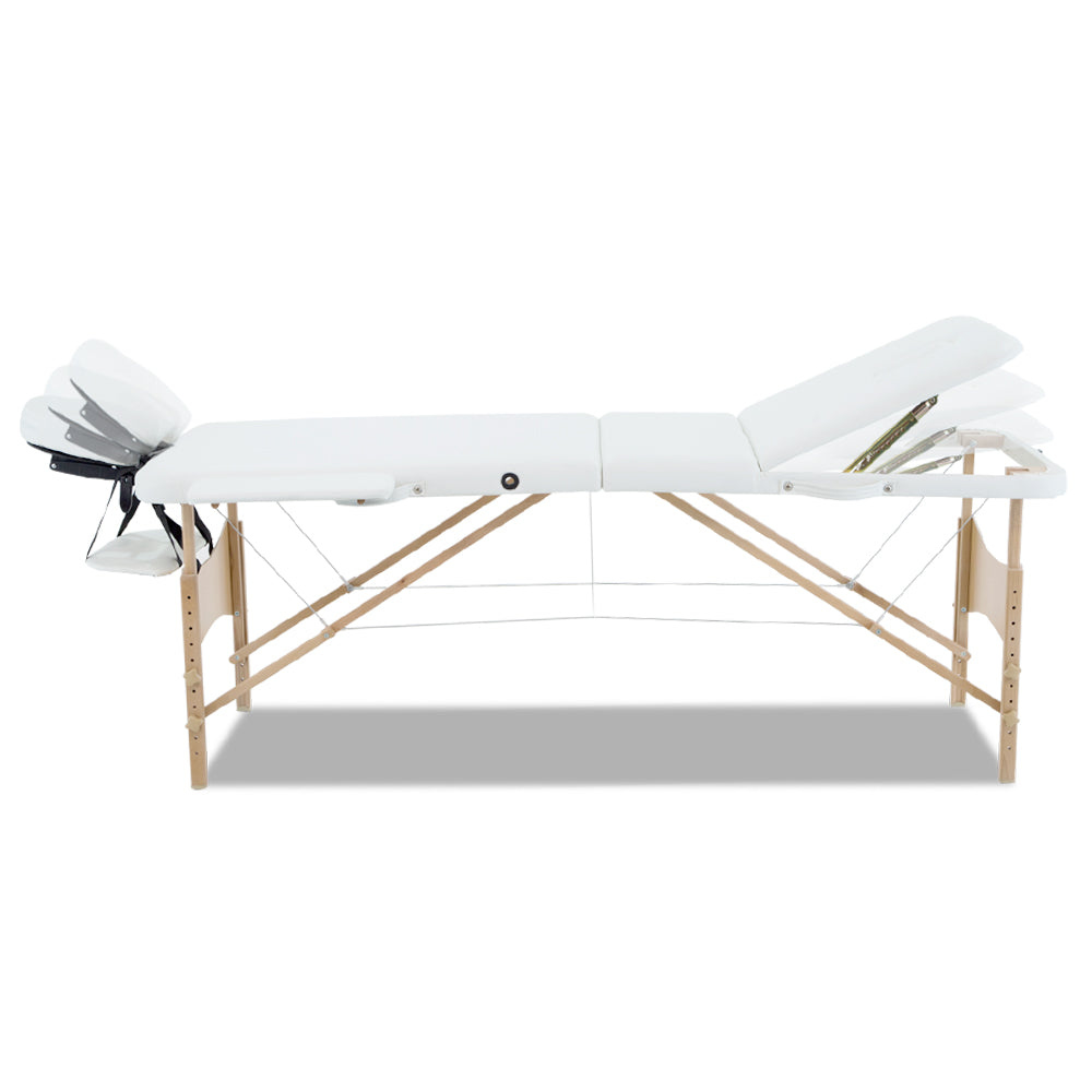 Zenses Massage Table 70cm Portable 3 Fold Wooden Beauty Bed White