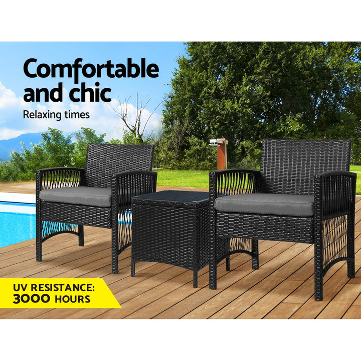 Gardeon 3PC Outdoor Bistro Set Patio Furniture Wicker Dining Chairs Table Cushion Black