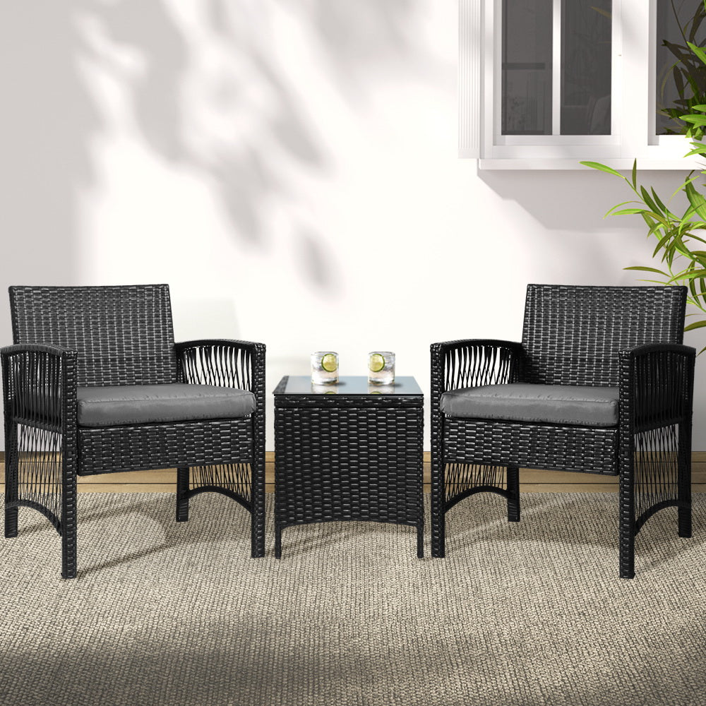 Gardeon 3PC Outdoor Bistro Set Patio Furniture Wicker Dining Chairs Table Cushion Black