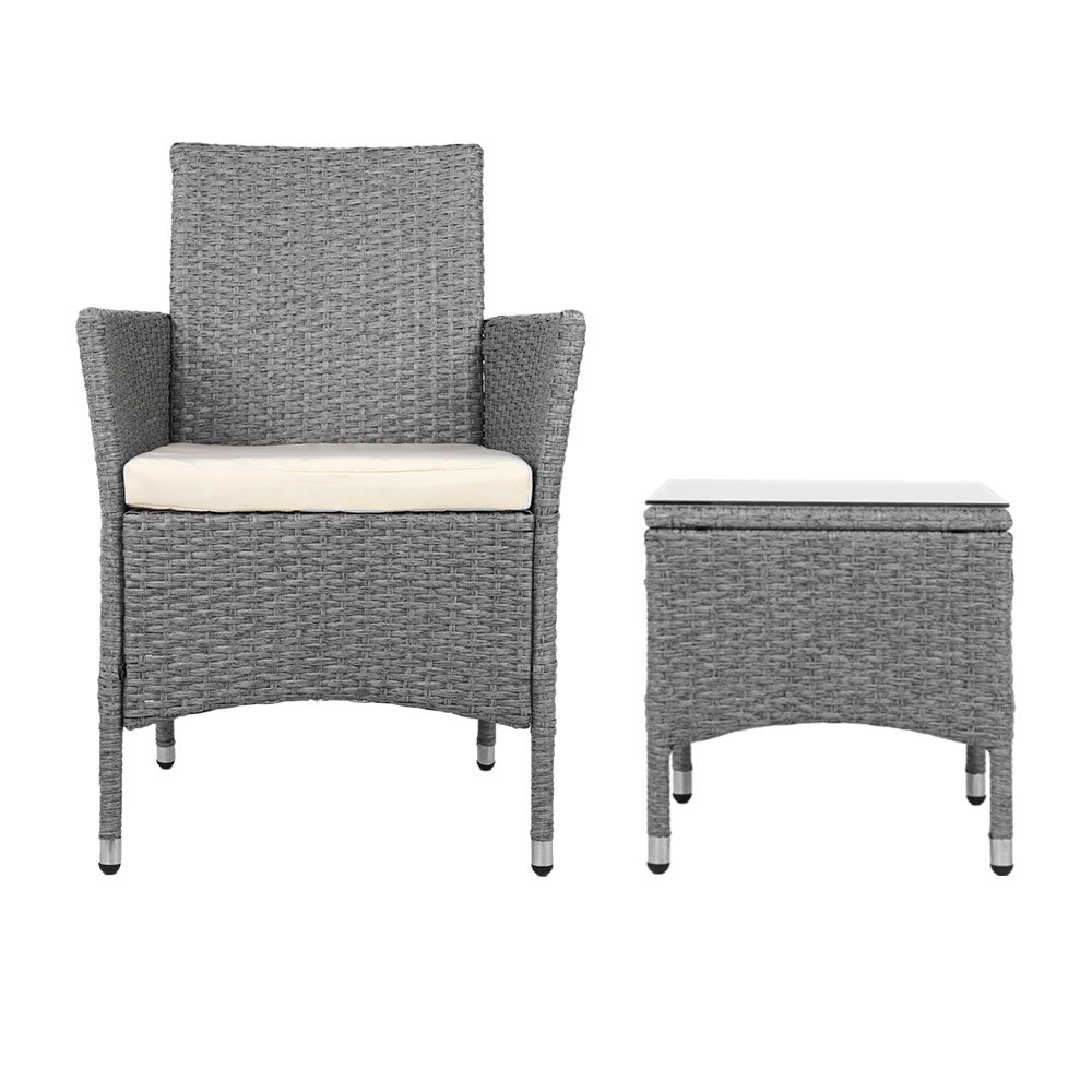 Gardeon 3PC Outdoor Bistro Set Patio Furniture Wicker Setting Chairs Table Cushion Grey