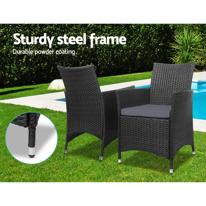 Gardeon 3PC Outdoor Bistro Set Patio Furniture Wicker Chairs Table Cushion All Black